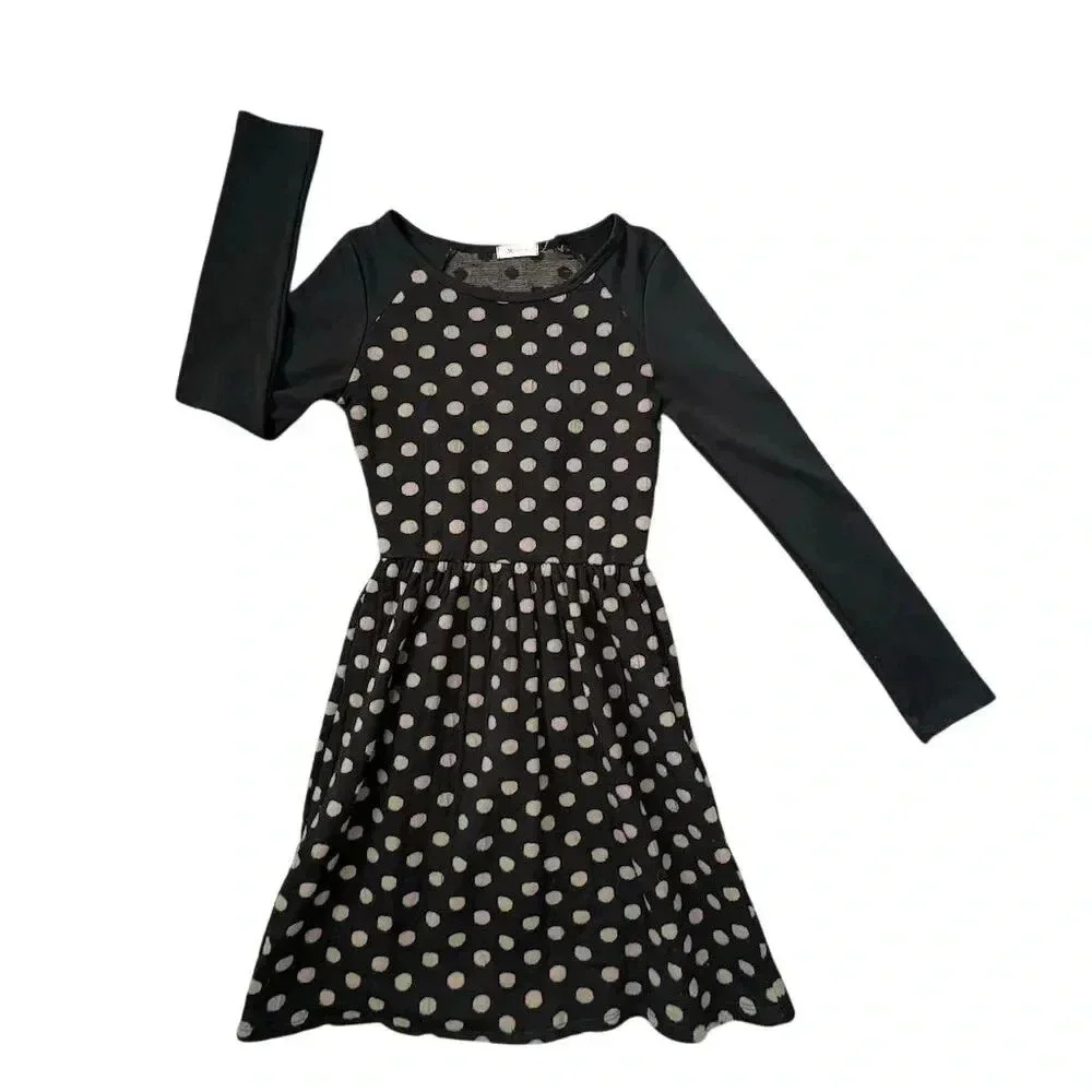 Everly Black Polka Dot Long Sleeve Knee-Length Dress Size S Retro Mod